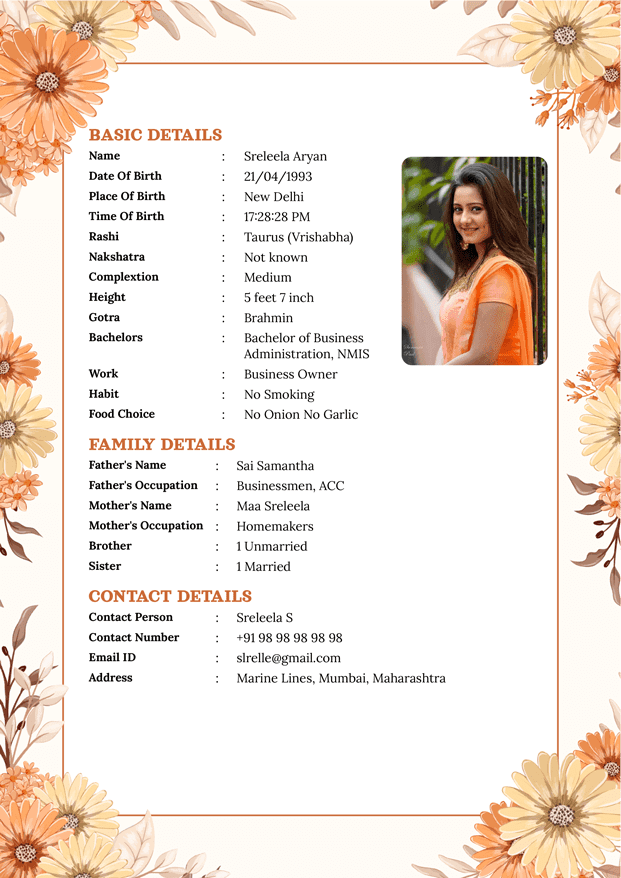 Elegantly designed Marriage Biodata Format | Biodata for Marriage