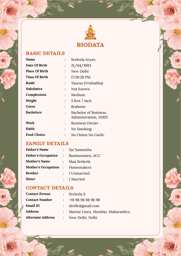 Red bordered Marriage Biodata Format | Biodata for Marriage